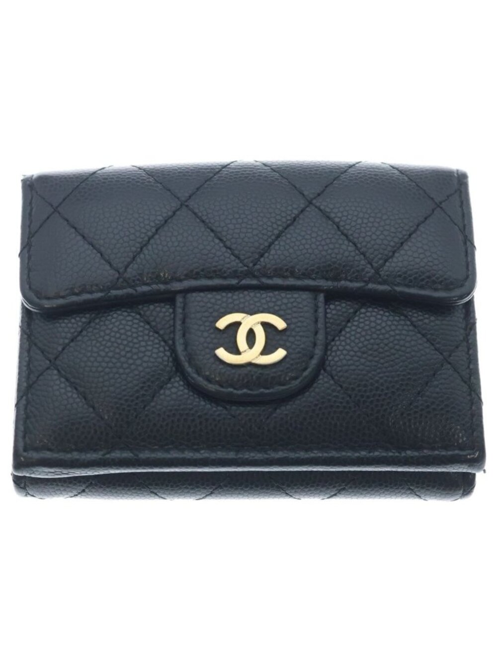 Chanel CC Logo Quilted Compact Wallet Trifold Caviar Leather Black Gold Seal